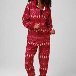 Fabletics Cozy Fleece Hooded Onesie in Holly Berry Intarsia NWT